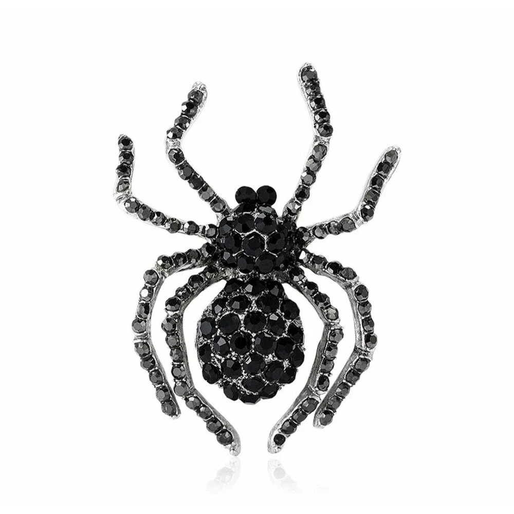 Black Rhinestone Spider Brooch Silver Tone Gothic Halloween Statement Pin NEW